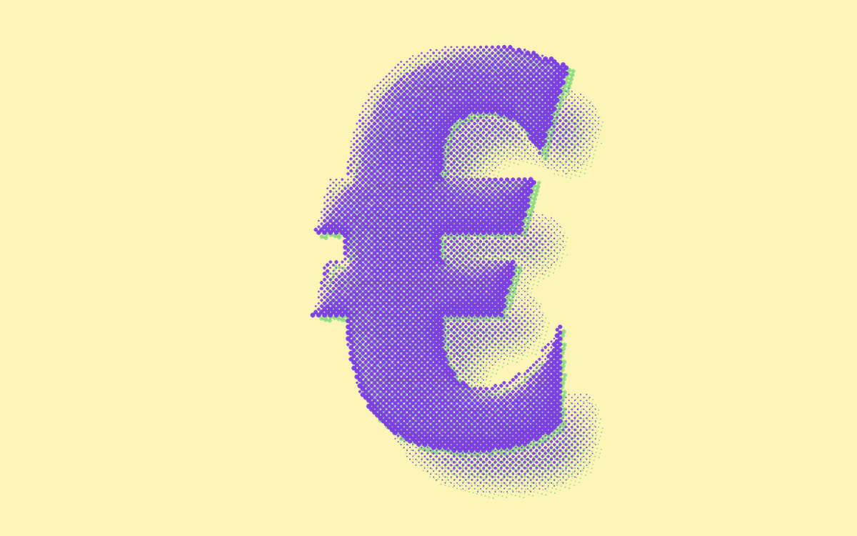 Een groot euroteken als halftoonraster van paarse en mintgroene stippen, met een schaduw eronder